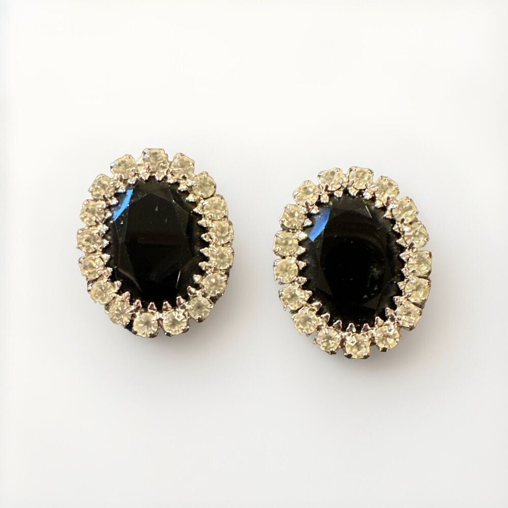 Vintage Costume Black Oval With Rhinestones Unmarked